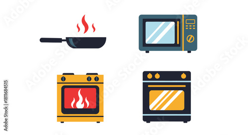 Kitchen appliances frying pan microwave oven and cooker illustration
