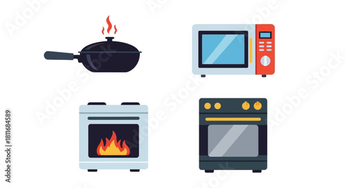 Kitchen appliances including a microwave stove oven and frying pan illustrated
