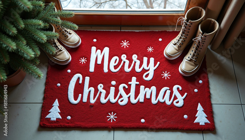Rustic red mat with Merry Christmas text and winter boots beside it  