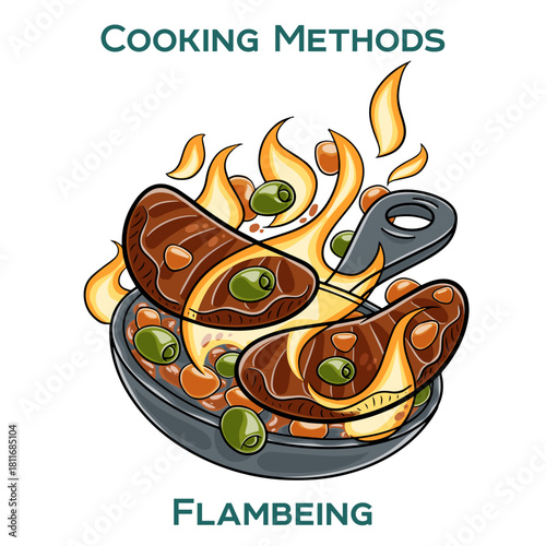 Flambeing. Cooking methods. Hand-drawn vector illustration.