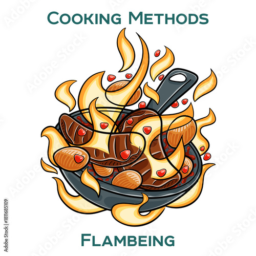 Flambeing. Cooking methods. Hand-drawn vector illustration.