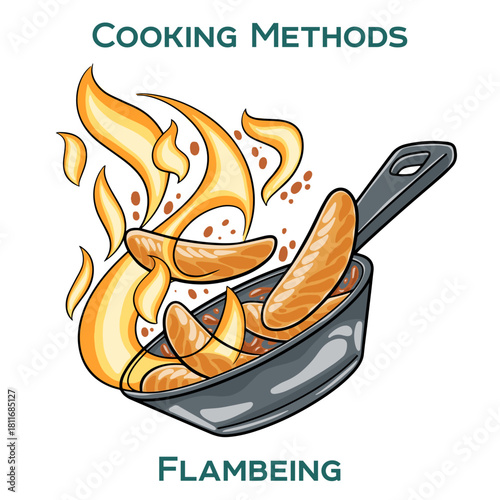 Flambeing. Cooking methods. Hand-drawn vector illustration.