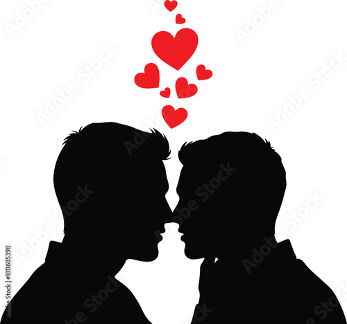 Silhouette of gay couple with red hearts flying above romance illustration