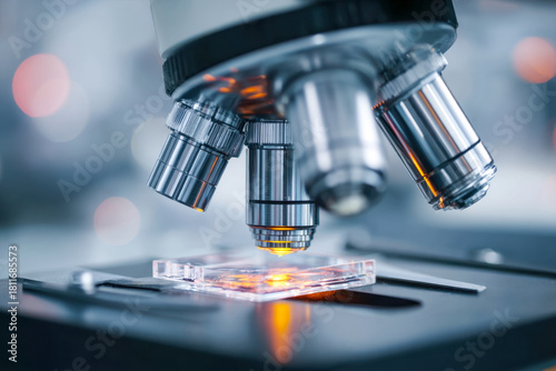 Precision scientific laboratory microscope focusing intense light on a specimen slide for detailed analysis in advanced medical and biological research settings