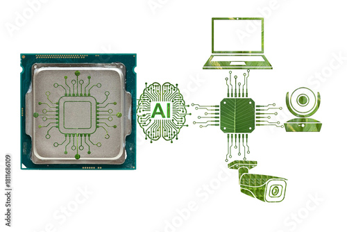 Computer processor with AI symbols, laptop, microchip and camera representing connected artificial intelligence technology