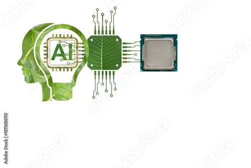 Green human head profile with AI text, microchip and processor representing artificial intelligence technology