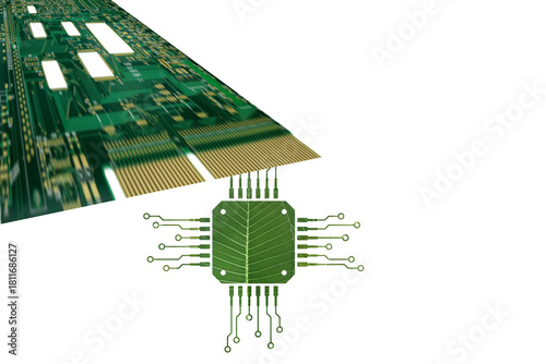 Green printed circuit board with microprocessor chip showing electronic components and connections