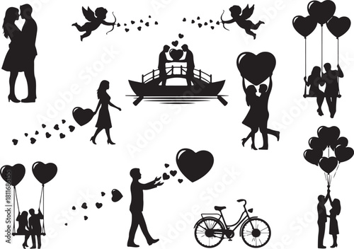 Silhouettes of Romantic Couples Cupids Hearts and Symbols of Love