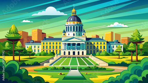 Very beautiful vector-style depiction of the North Dakota State Capitol, featuring its clean modern tower, surrounding green lawns, and open sky in a bright, polished composition suitable for stock i