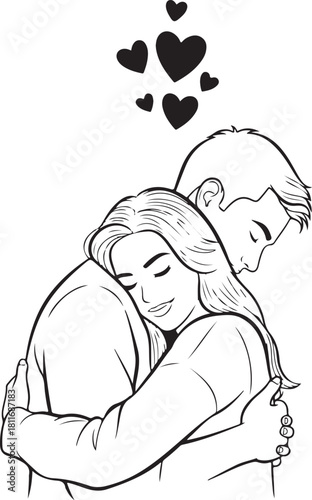 Couple embracing with love hearts romantic line art vector illustration