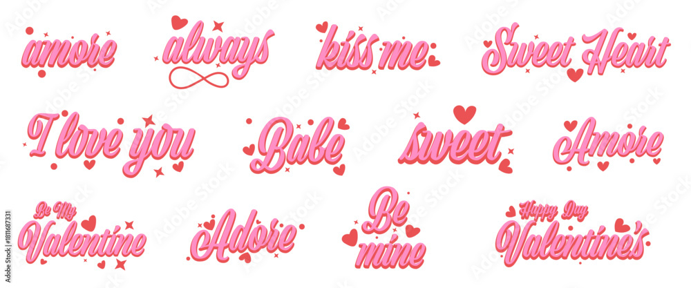 Naklejka premium Romantic lettering with hearts for valentines. Sweet love quotes in pink style. Suitable for cards and cute messages