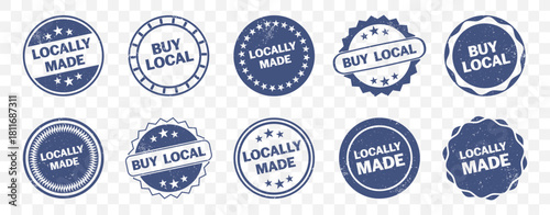 Buy local badges supporting regional business. Stamps with distressed texture for authenticity. Marketing symbols for local economy