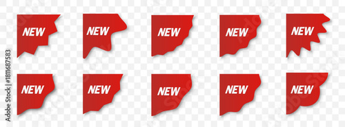 New product labels in bright red. Sale stickers for store promotion and marketing. Bold graphics to highlight fresh arrivals
