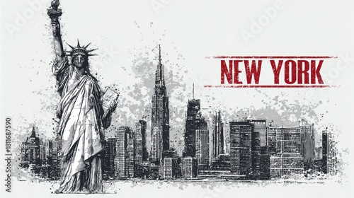 Vector banner featuring Statue of Liberty with New York cityscape and skyscrapers in grunge style, perfect for USA illustration, t-shirt design, tourist signboard, and postcard concepts