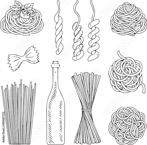PriMonoline Pasta Varieties Drawing Set for Menu or Recipe Designnt
