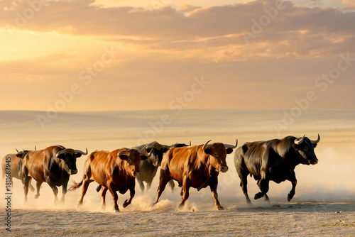 Herd of powerful bulls running across a dusty plain at sunset creating a dramatic scene