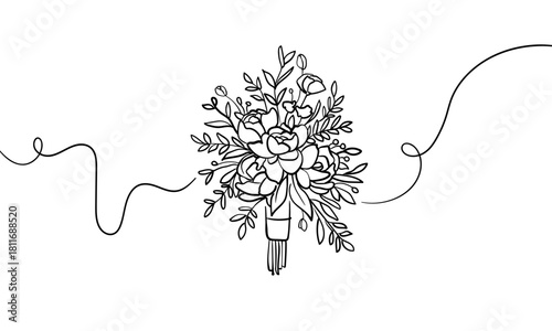 Wedding bouquet, continious line drawing. Married outline. Vector illustration