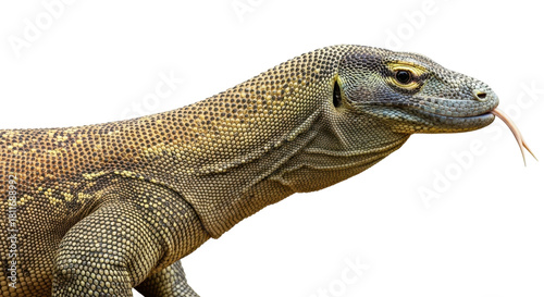 Fotografie Isolated Komodo dragon with tongue flicking, largest living lizard in the world