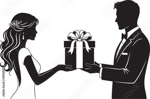 Silhouette of a man giving a gift to a woman illustration vector