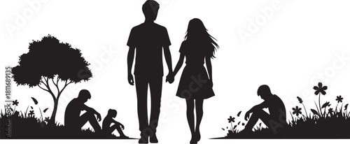 Couple Holding Hands Walking Past Lonely People Silhouette Illustration
