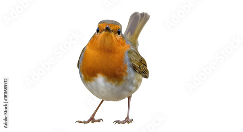 Isolated European robin standing in a studio shot, front view of a little brown bird
