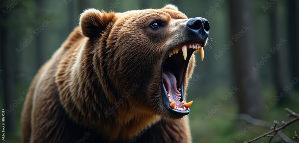 Naklejka premium Angry brown grizzly bear roars loudly, showing sharp teeth in wild green forest. Powerful predator displays aggression with wide open mouth, visible long fangs. Fierce wild animal warns of danger,