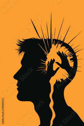 A powerful surreal illustration showing a fractured mind with hands reaching from within, symbolizing inner struggle, trauma, and the battle to break free from emotional pain and psychological barrier