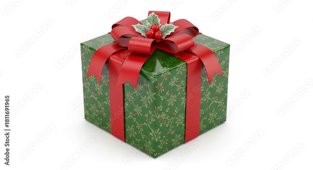 Obraz premium Elegant green Christmas gift with red ribbon bow is perfect for holiday promotions and festive marketing campaigns, adding a touch of seasonal cheer