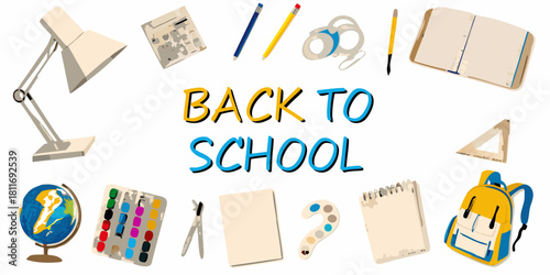 Back to school supplies illustration with desk lamp and backpack