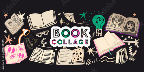Colorful book collage with reading and learning elements on black background