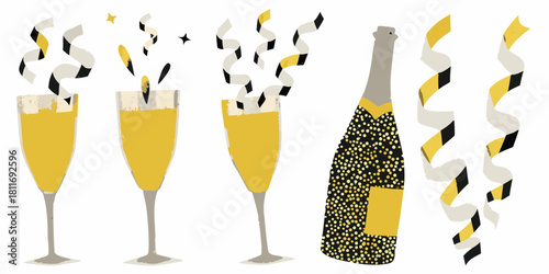 Celebratory champagne glasses and bottle with confetti illustration on white