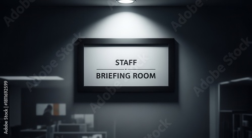 Staff Briefing Room Sign Lit By Spotlight in Modern Office Environment Presentation