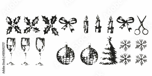 Black and white christmas elements holly bows candles glasses ornaments tree