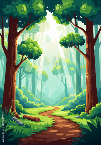 Vibrant cartoon illustration of a sunlit forest pathway, a scenic and magical woods landscape with lush green foliage. 1