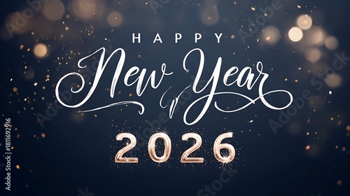 Metallic Gold 2026 Numbers with “HAPPY New Year” Text and Golden Confetti on Dark Blue-Gray Background