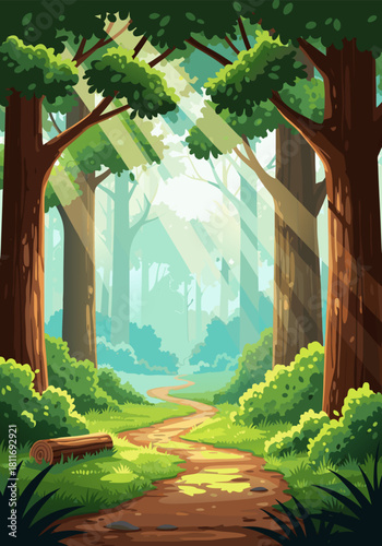 Sunlight filtering through the canopy of a lush green forest illuminates a winding dirt path inviting exploration and adventure into the serene wilderness
