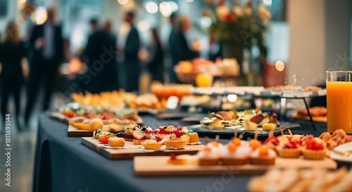 Buffet table laden with an assortment of sweet pastries and savory appetizers at a social gathering Keywords: buffet, catering, event, party, food, dessert, appetizer, pastry, tart, mini cake