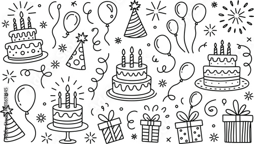 Black and white doodle illustration of birthday party elements celebration cake