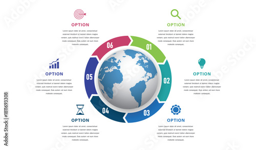 6 Option Circular Infographic with Globe and Icons
