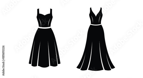Two elegant black dresses displayed against a clean white background