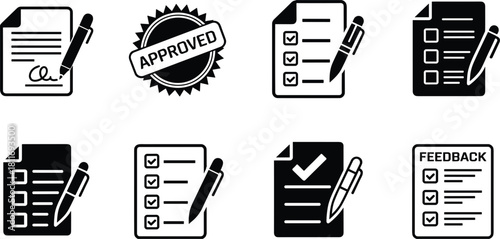 Checklist and Document Icons with Pen and Approved Stamp untitled illustration
