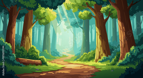 Vibrant pixel art illustration of a serene forest path, where warm sunlight filters through majestic trees, inviting a peaceful journey