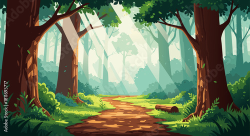 Vibrant forest pathway illuminated by ethereal sun rays, a tranquil and inviting nature landscape illustration with lush green foliage