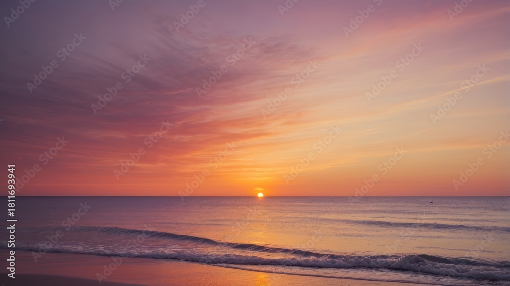 Fototapeta premium Serene beach sunset with pastel hues reflecting on gentle waves and wet sand
