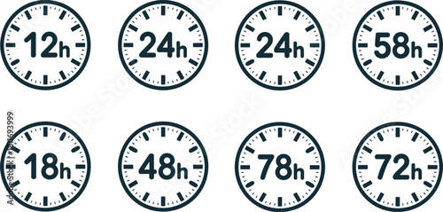 Clock Icons Showing Time Durations in Hours Keywords: clock, time, hour, duration, 12h, 24h, 58h