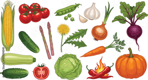 Large Colorful Vector Collection of Fresh Garden Vegetables, Including Corn, Pumpkin, Spicy Peppers, Asparagus, and Beetroot in a Detailed Hand-Drawn Style Illustration.