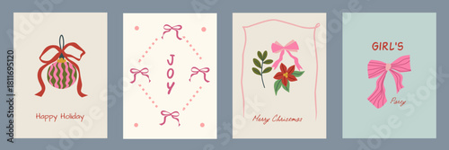 Hand drawn la dolce vita Christmas doodles. Vector illustration cards icon, bows, leaves, flower, wreath. Minimalist winter for birthday, invitations, stationery, printables, social media, wall art.