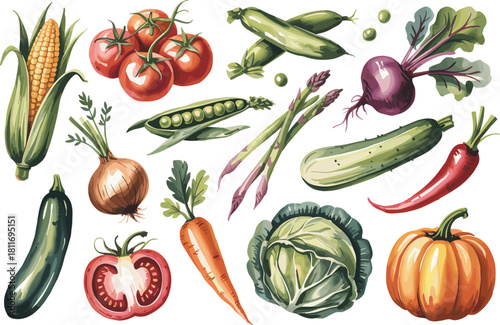Assorted Farmers Market Vegetables Vector Collection in Watercolor Style, Featuring Corn, Tomatoes, Carrots, Zucchini, and Cabbage for Healthy Food and Recipe Graphics.