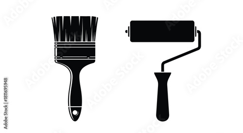 Simple black and white illustration of a paintbrush and paint roller
