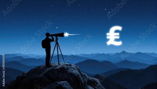 Man with telescope looking at pound symbol in night sky over mountains.